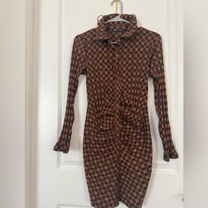 Zara Brown  Checkered Long Sleeve Dress